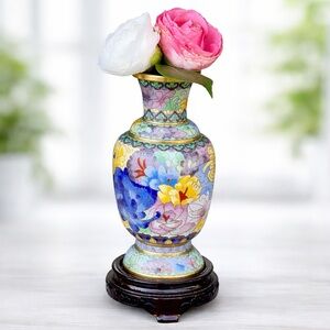 Vintage Cloisonné Floral Enamel Vase w/ Wood Stand Chinese Brass Boho Decor